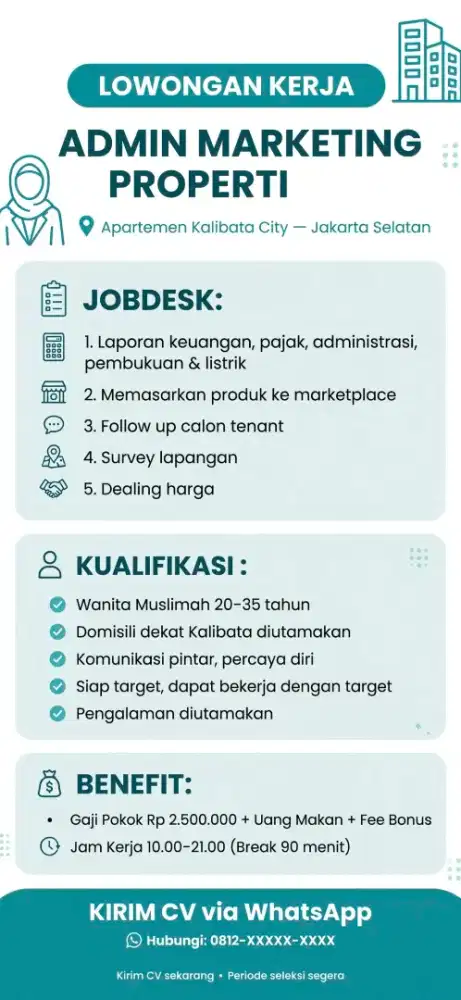 Dibutuhkan Admin Marketing Properti Apartemen Kalibata Jaksel