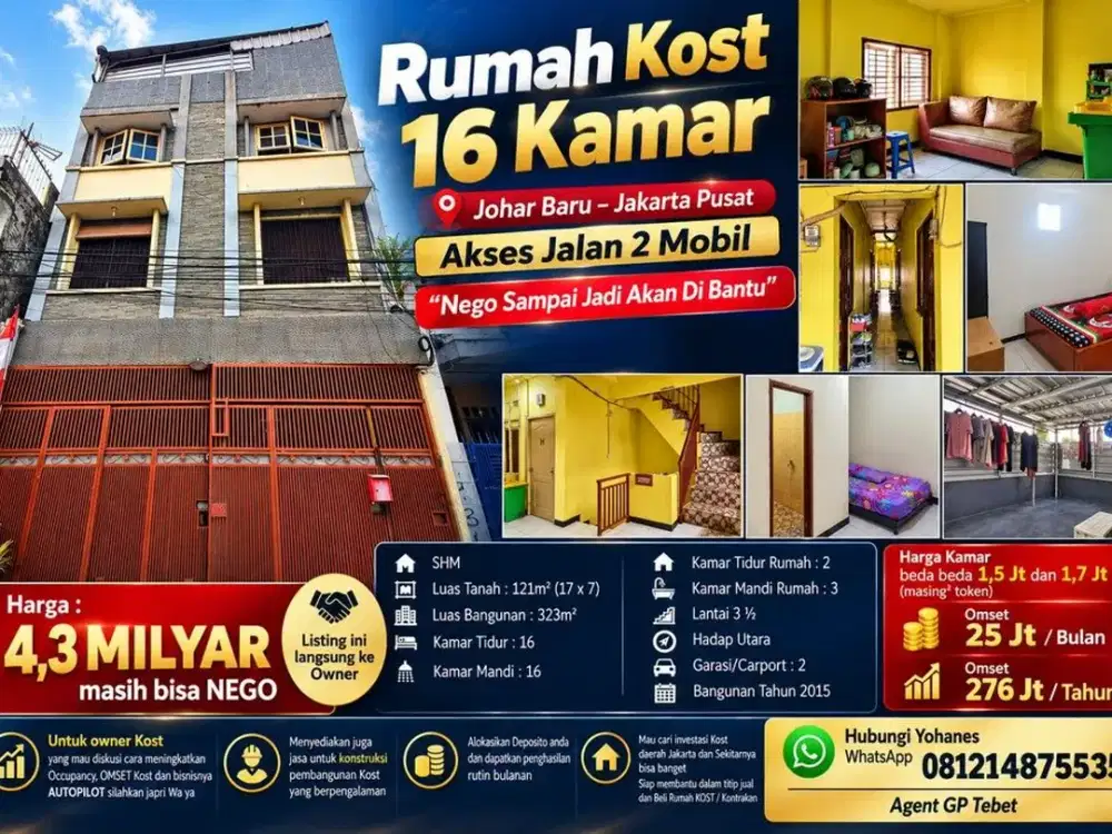 Rumah Kost 16 Kamar Akses 2 Mobil Johar Baru Jakpus