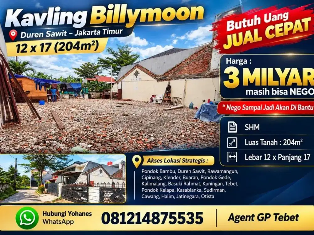 Tanah Kavling Billymoon 204 m² Duren Sawit