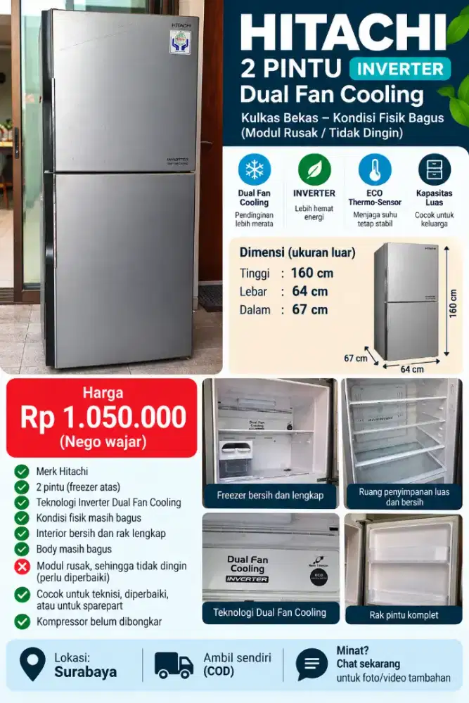 HITACHI 2 PINTU INVERTER – DUAL FAN COOLING