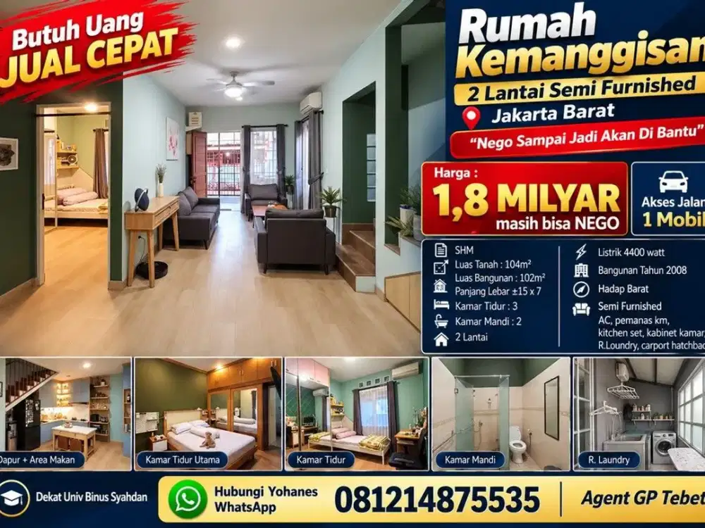 Rumah Kemanggisan 2 Lantai Semi Furnished Jakarta Barat