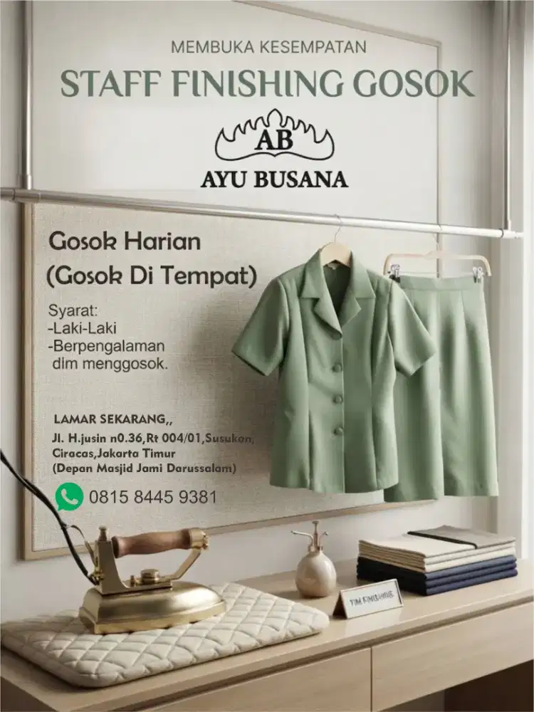 LOWONGAN KERJA
DIBUTUHKAN TUKANG GOSOK / FINISHING