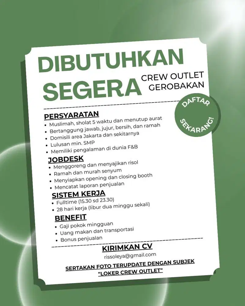 Dibutuhkan karyawati jaga booth