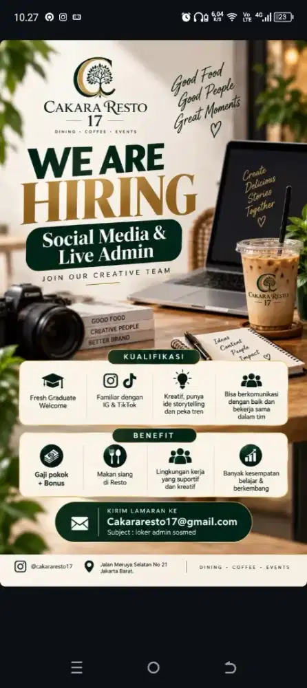 Dibutuhkan segera Admin Sosmed Cakara Resto 17