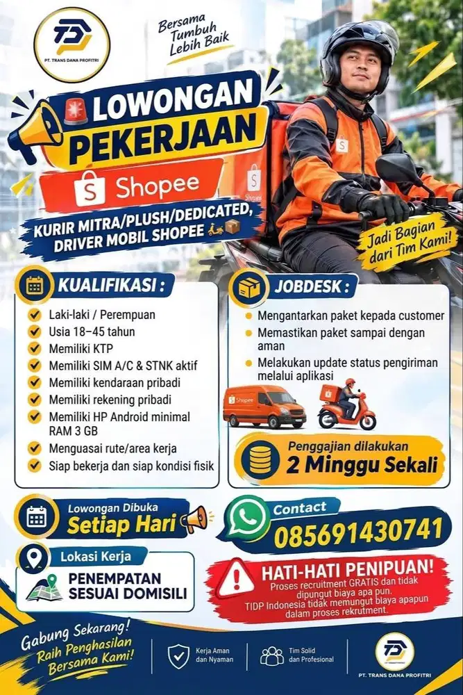LOWONGAN KERJA KURIR MOTOR MITRA , PLUSH & DEDICATED & DRIVER MOBIL