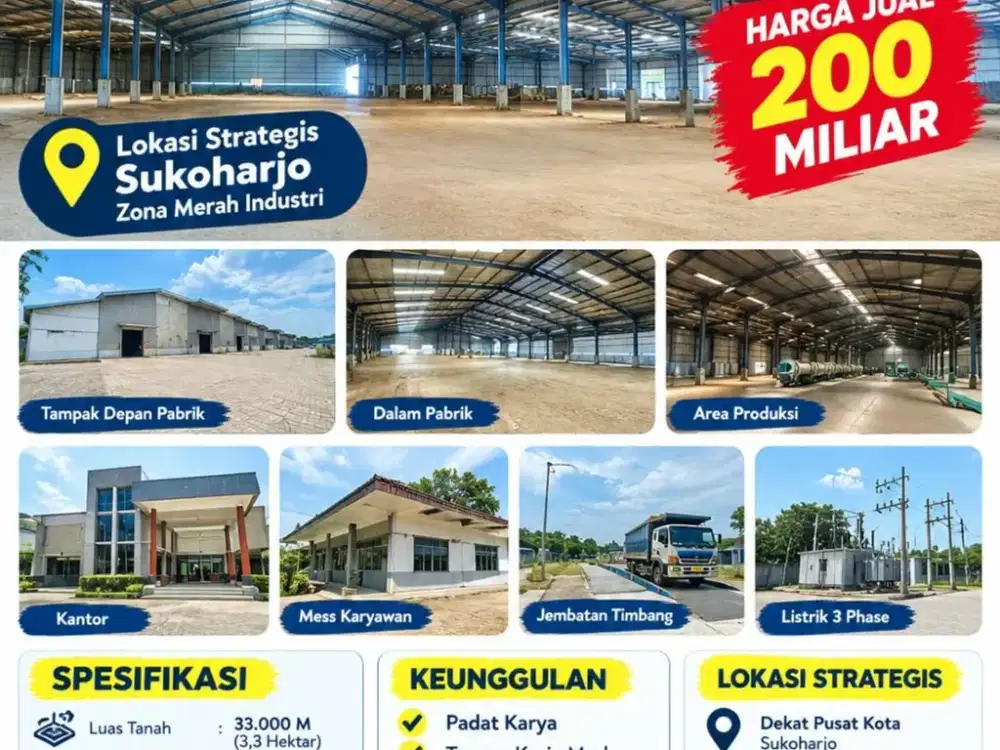 Dijual Pabrik Baru Zona Industri Lokasi Super Strategis Sukoharjo Luas 3,3 Ha