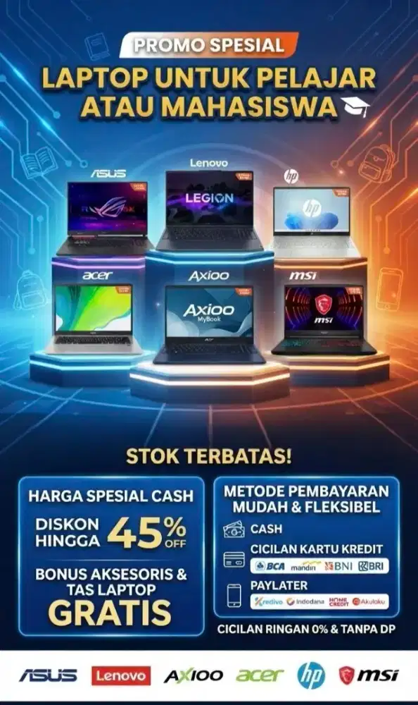 Ready all tipe laptop mulai asus, acer, axioo, hp, lenovo, msi