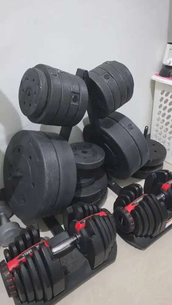FULL SET ALAT DUMBELL DAN PLATE DUMBELL(PVC) UNTUK HOMEGYM