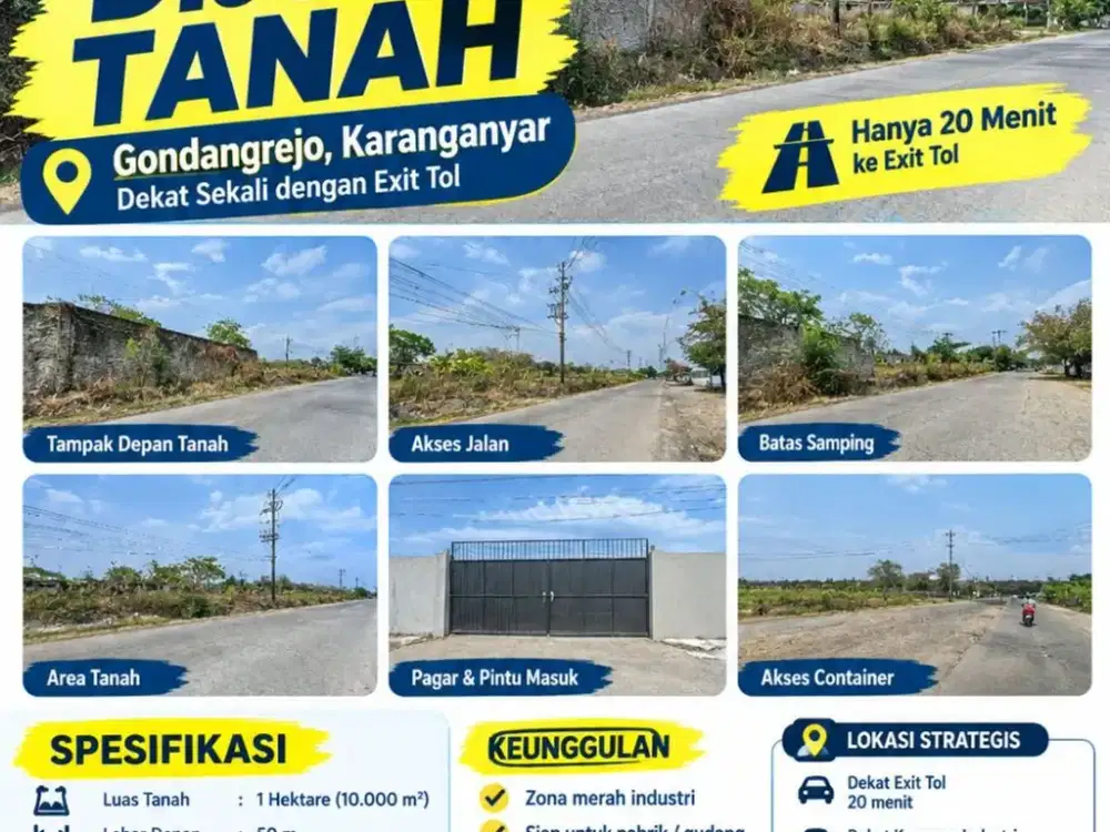 Dijual Tanah Zona Merah Industri Lokasi Gondangrejo, Karanganyar Luas 1 Ha
