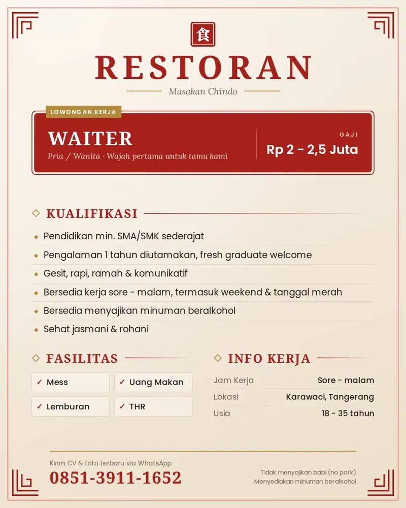 Waiter/Waitress Restoran Chinese Food No Pork - Karawaci