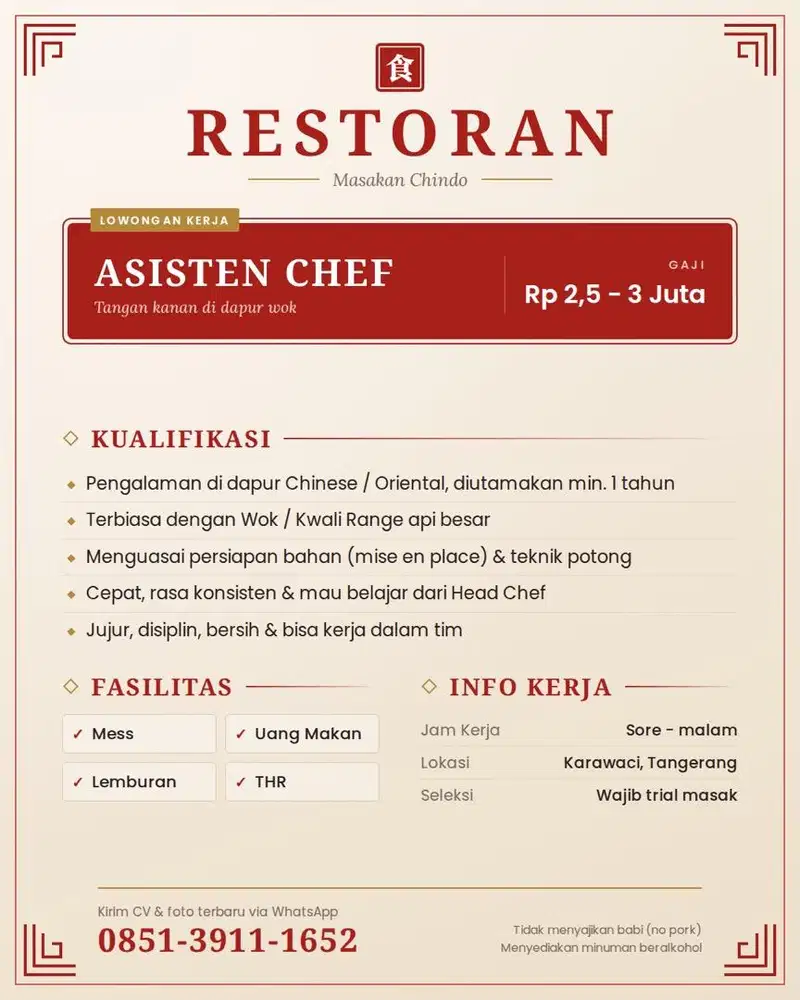 Asisten Chef - Restoran Chinese Food No Pork (Karawaci, Tangerang)