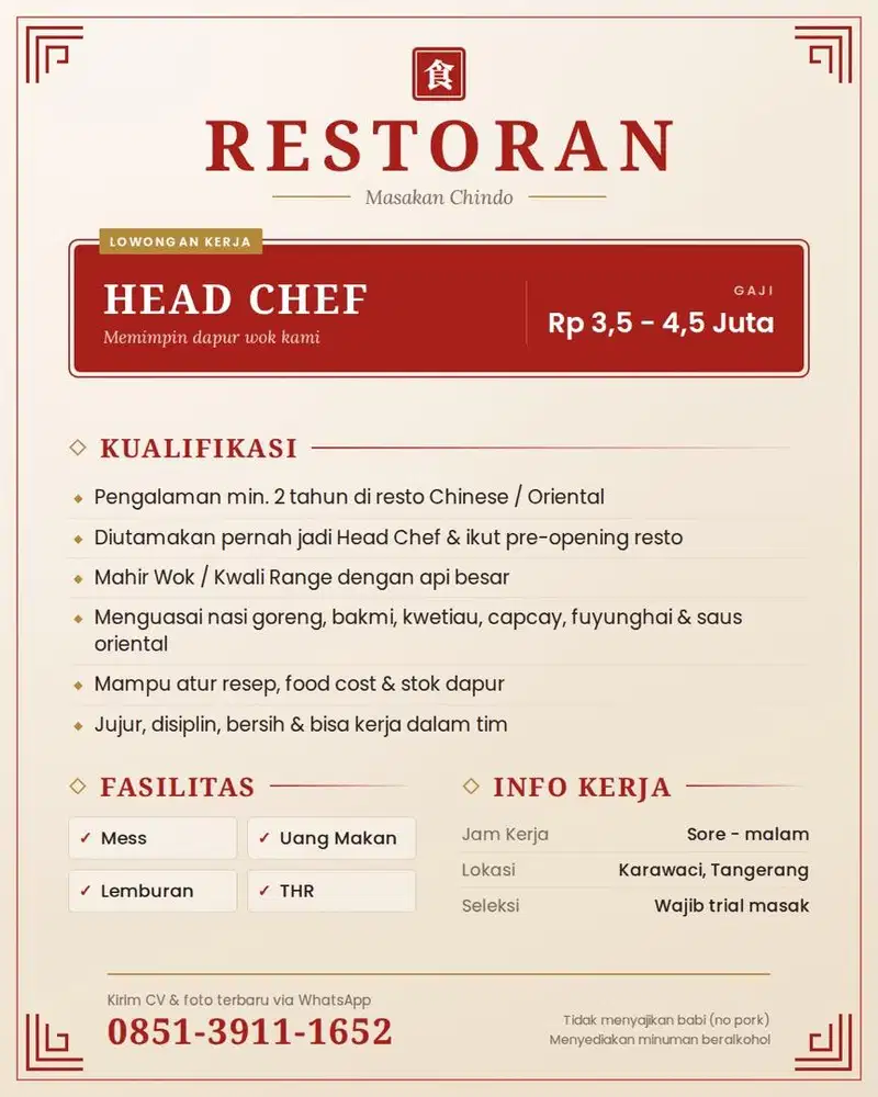 Head Chef - Restoran Chinese Food No Pork (Karawaci, Tangerang)