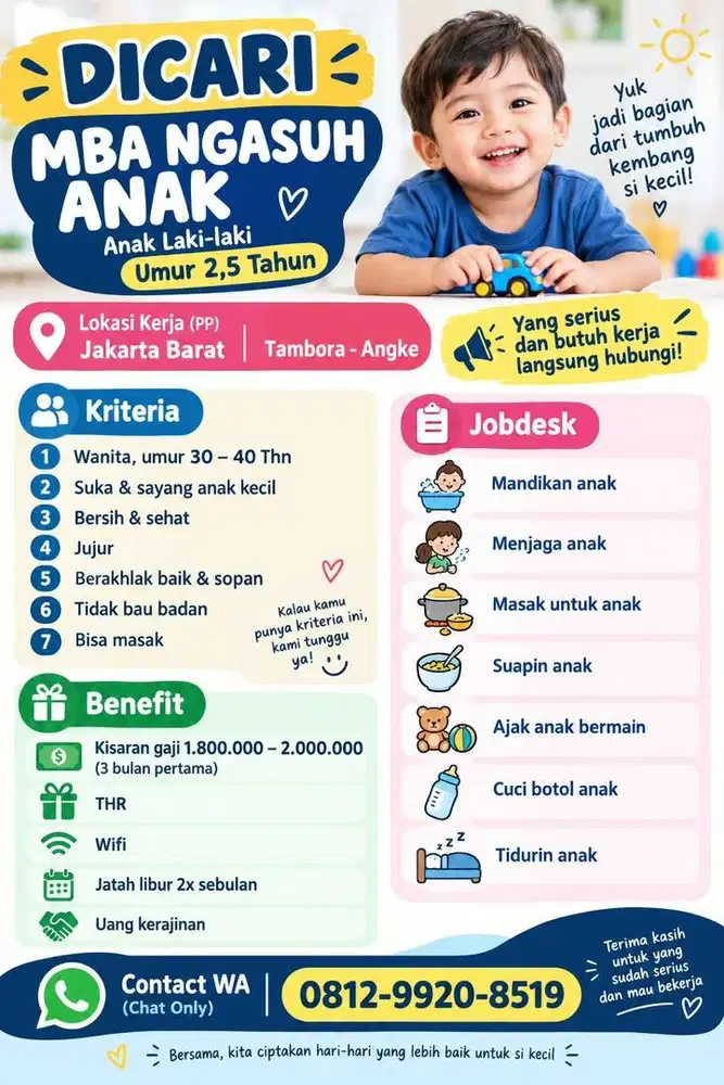 Dicari Mbak Pengasuh jaga anak daerah jakarta barat tambora angke