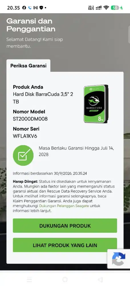 Hdd PC seagate mfi 2tb 100/100 on garansi juli 2028