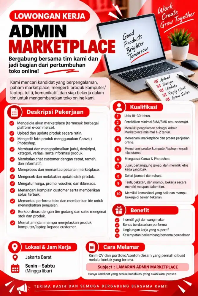 LOWONGAN KERJA ADMIN MARKETPLACE / ADMIN E-COMMERCE