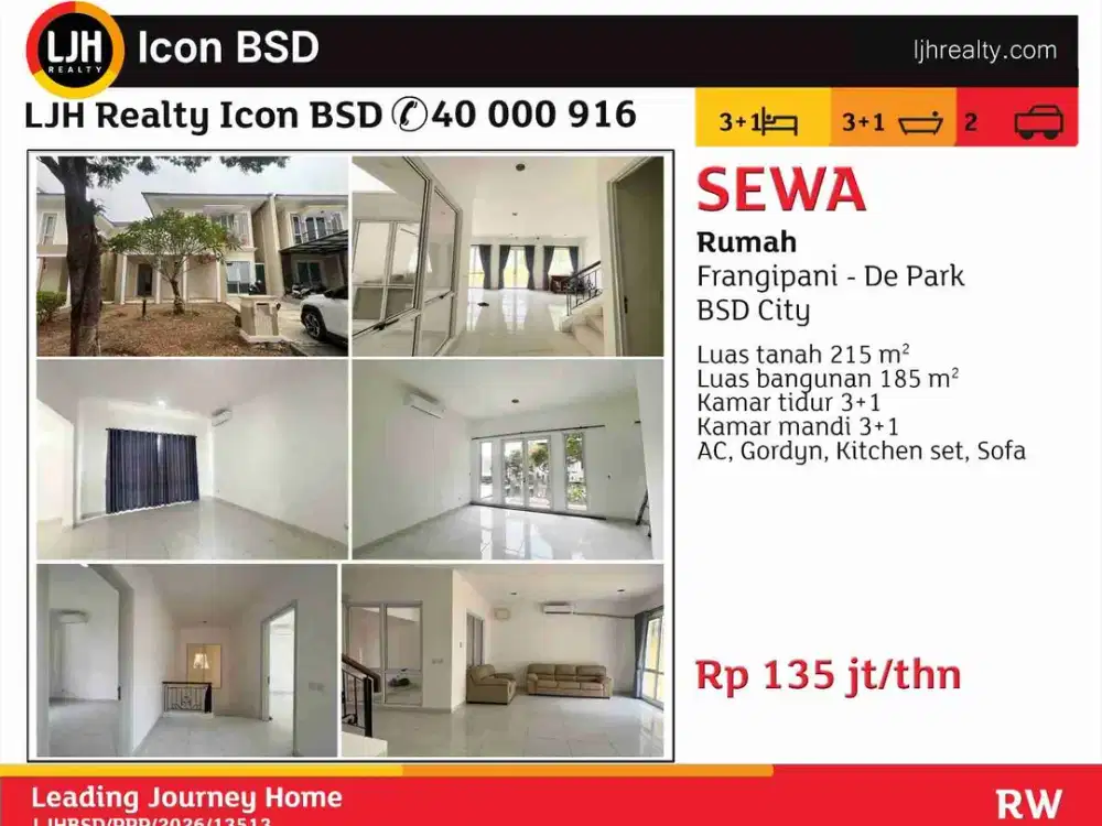 Disewakan Rumah Hunian Frangipani De Park BSD City