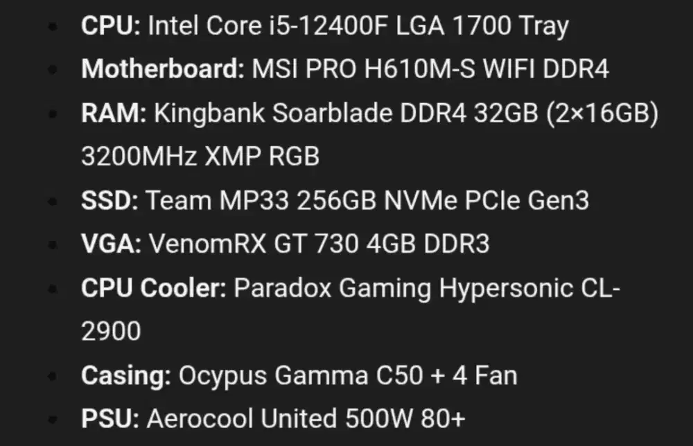 PC Gaming i5-12400F RAM 32GB NVMe 256GB GT 730 4GB – WiFi – Full PC