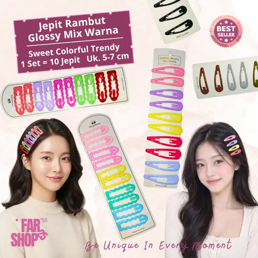 10 Pcs Set Jepit Rambut (Uk. 5–7 cm) Glossy Anak Remaja Mix Warna