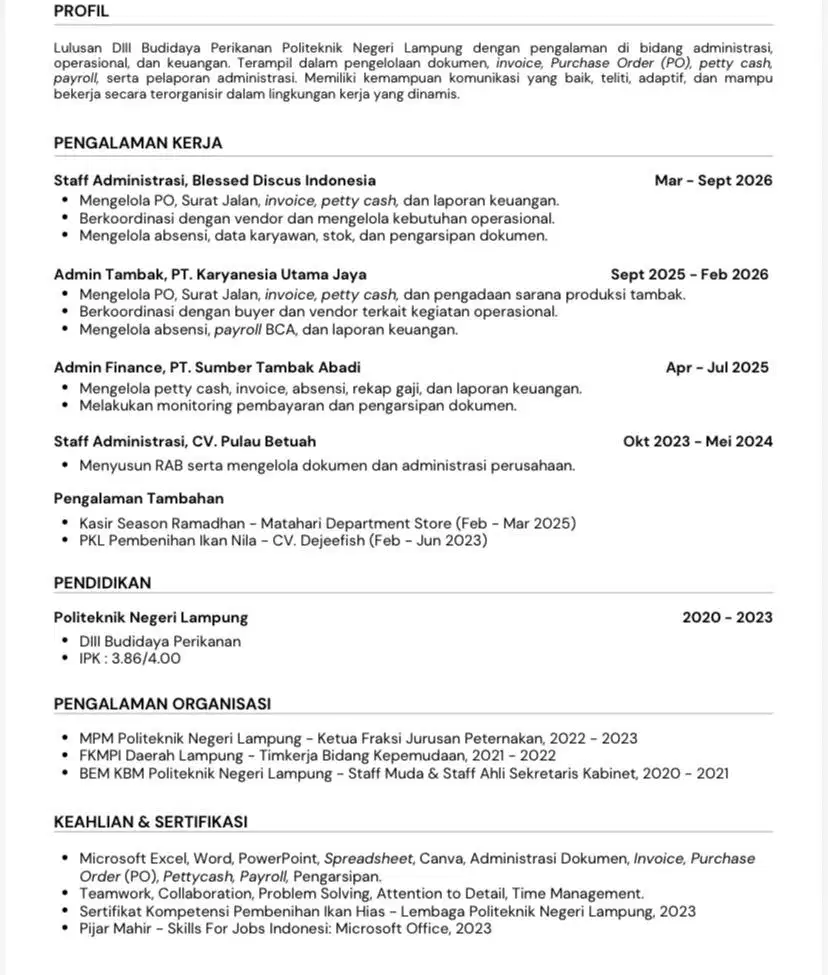 Pencari Kerja - Staff Administrasi Pengalaman/Fresh Graduate