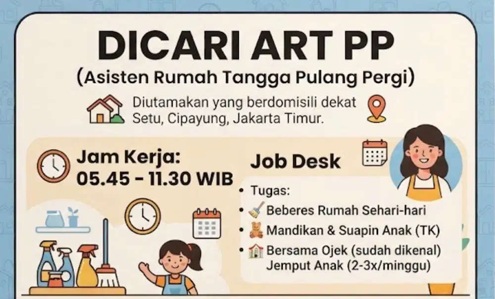 Dicari ART PP Daerah Cipayung jaktim