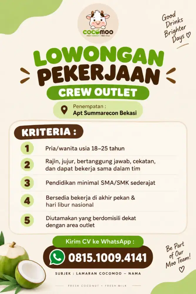 LOKER CREW OUTLET COCOMOO APT SUMMARECON BEKASI