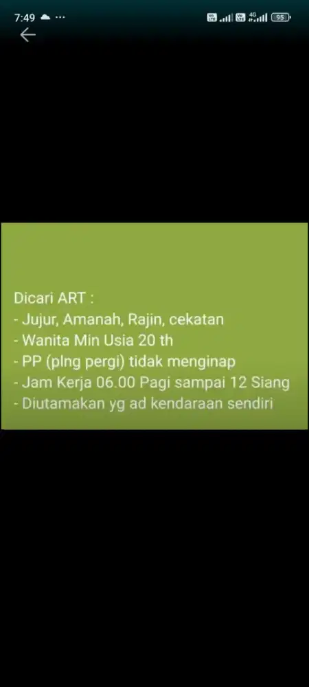 Dicari art yg tdk menginap pulang pergi