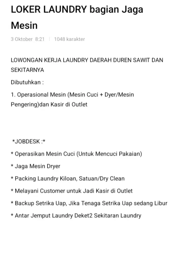 Staff Laundry untuk Bagian Operasi kan Mesin , Packing Kiloan ,Satuan