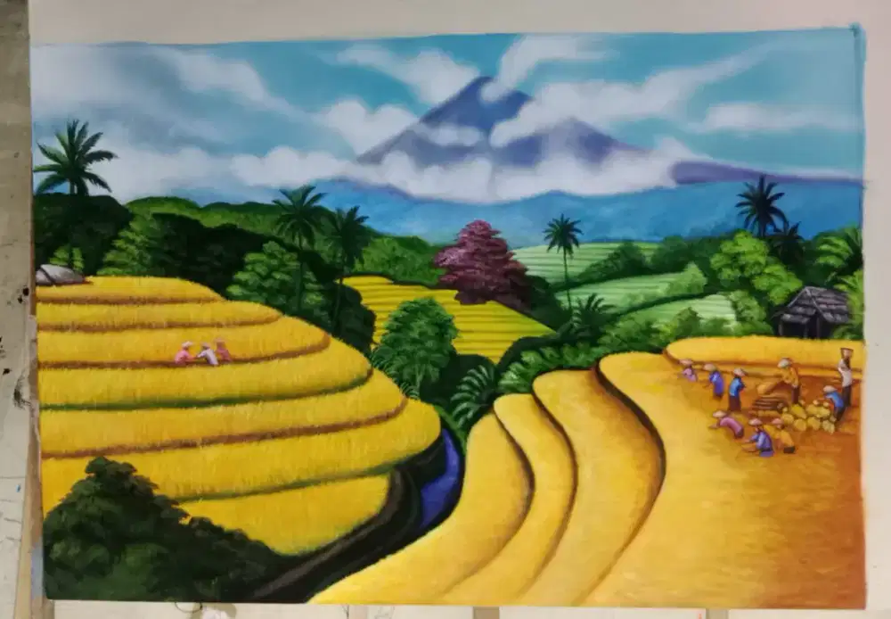 Dijual lukisan kanvas pemandangan sawah 90x130 cm