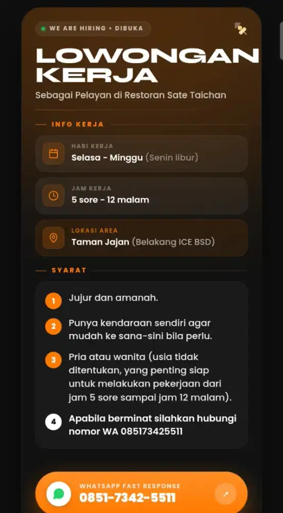 Lowongan pelayan Sate Taichan