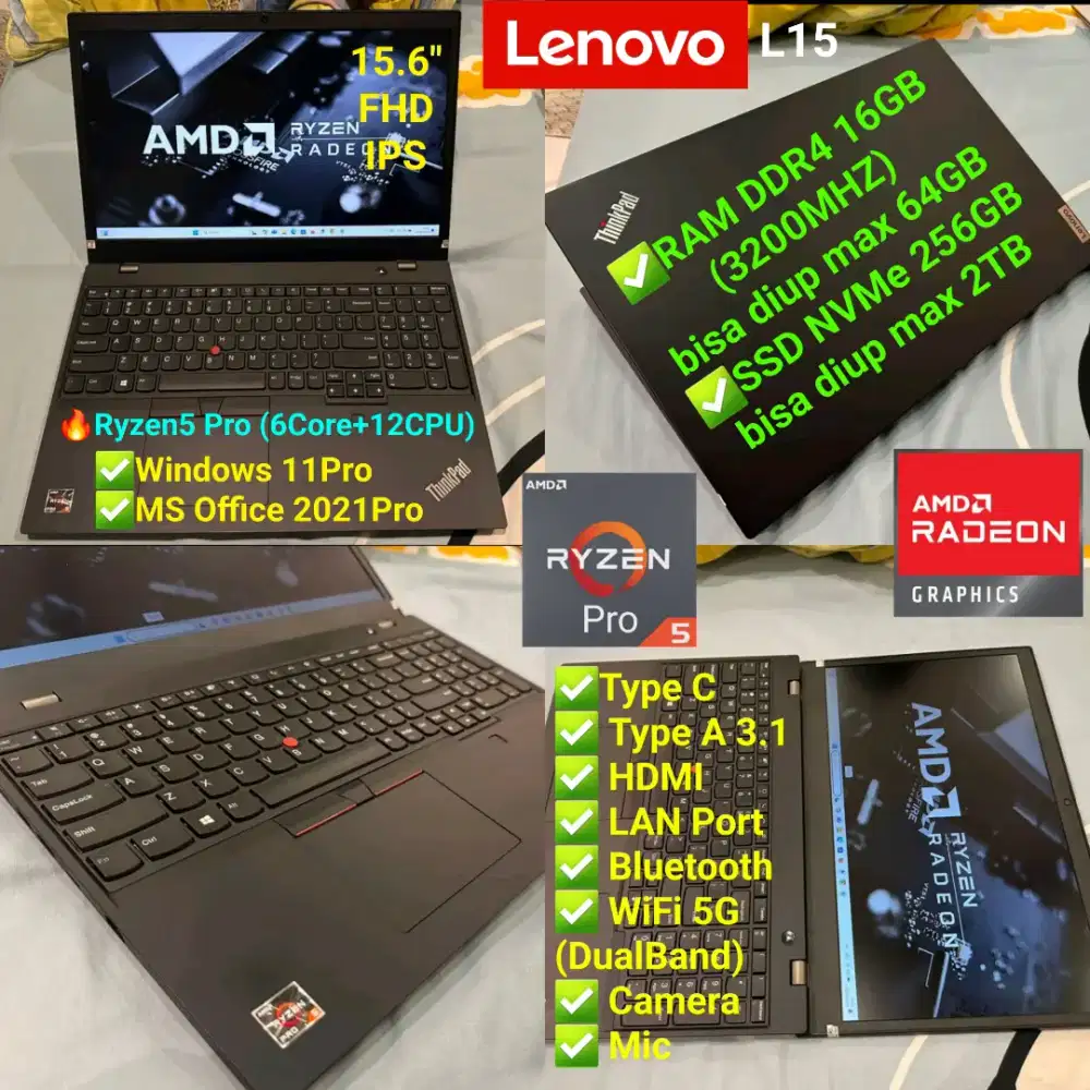 Ryzen 5 Pro RAM 16GB NVMe 256GB Laptop Thinkpad L15 6core+12cpu