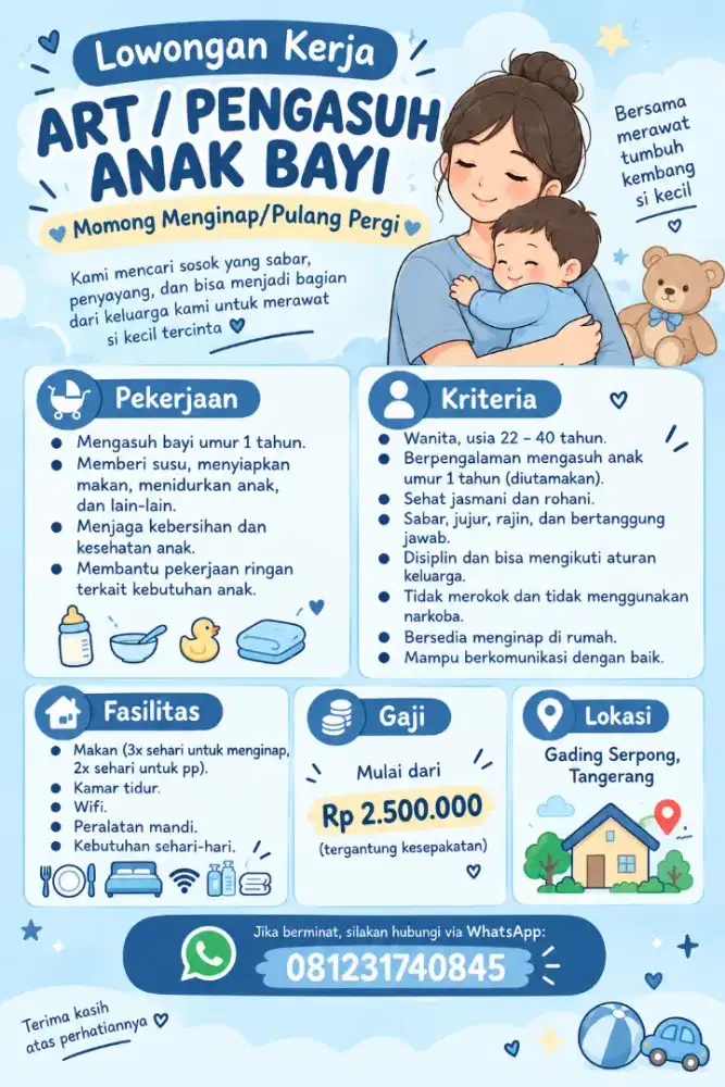 Dicari art momong menginap / pulang pergi (nanny)