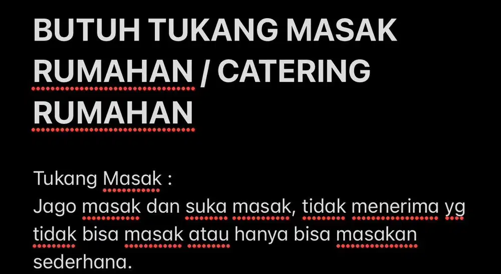 Dicari tukang masak rumahan