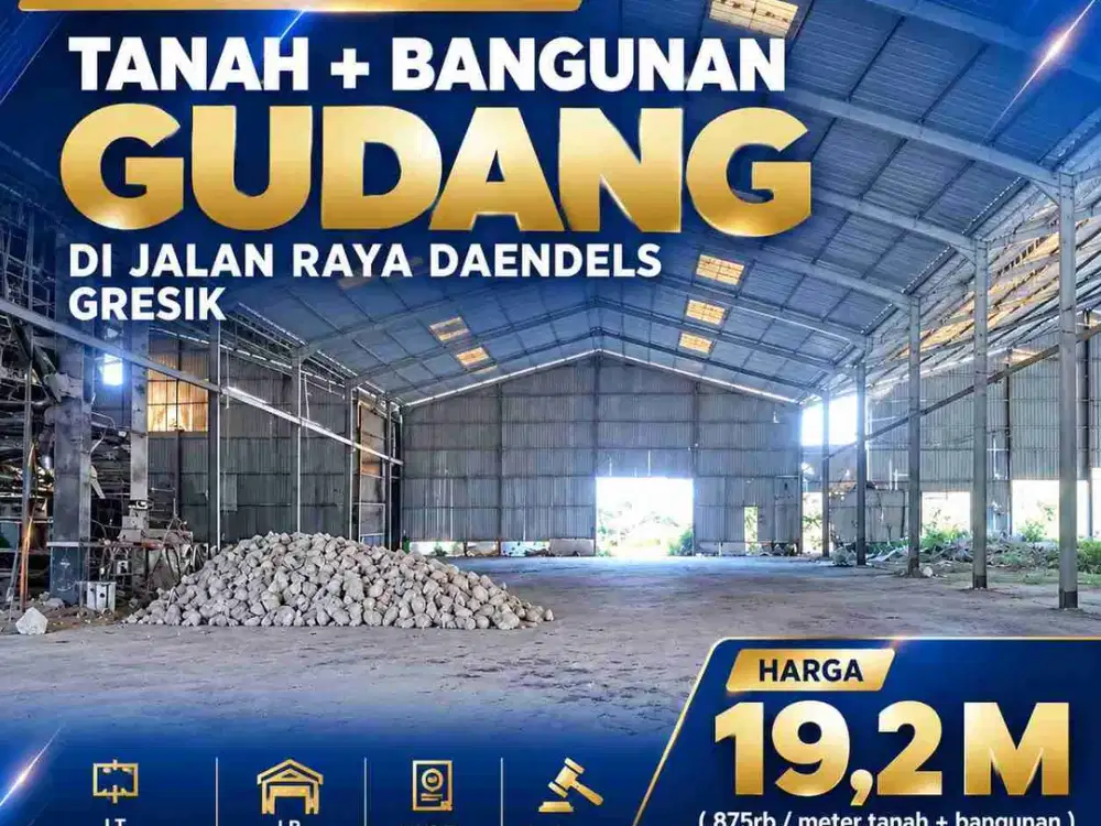 Dijual Termurah Lelang Tanah +bangunan Gudang di jalan raya Daendels Gresik