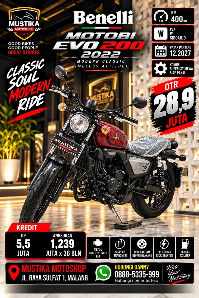 Km 400‼️Benelli Motobi EVO 200 2022. Like New. DANNY Mustika Sulfat