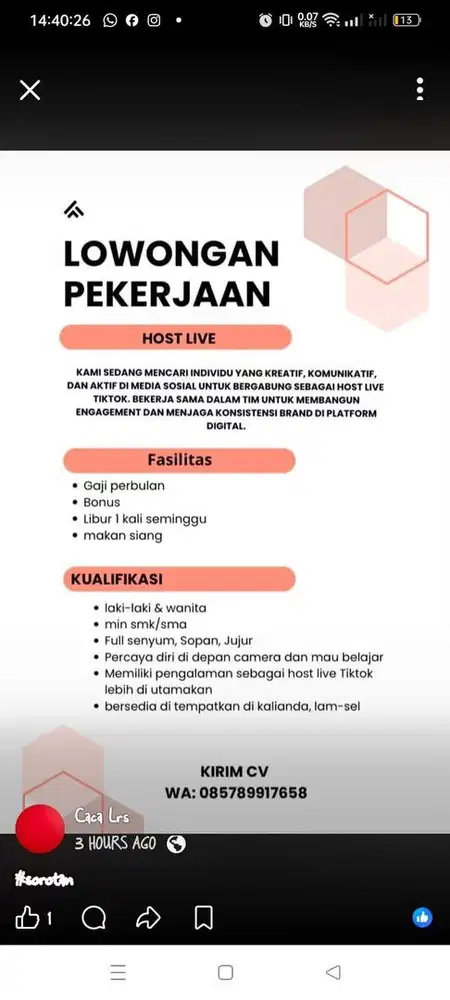 Lowongan kerja host live