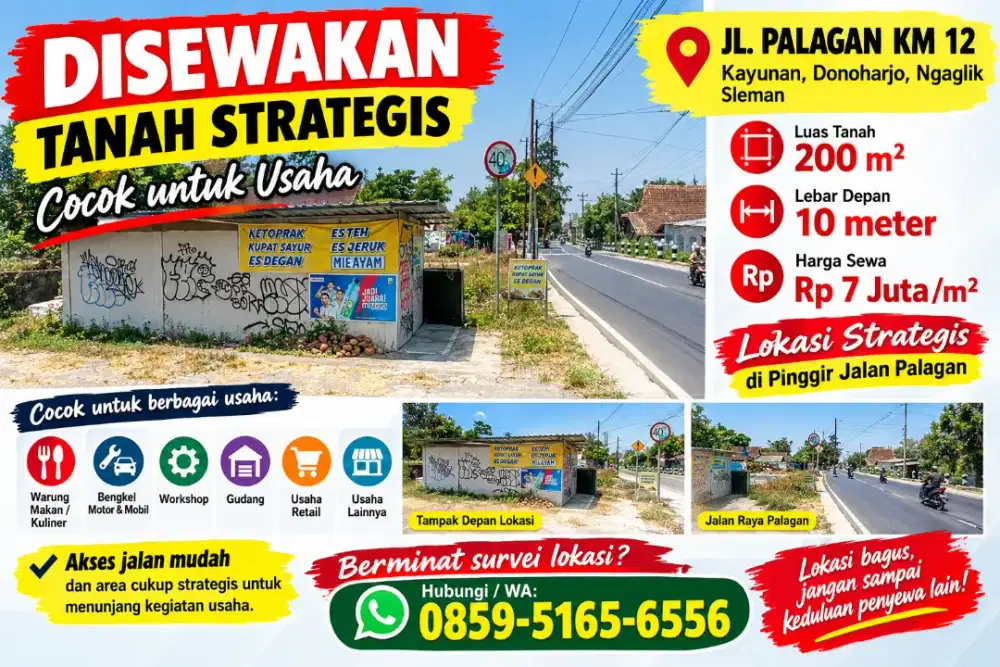 Disewakan tanah strategis pinggir jalan palagan km 12 cocok usaha