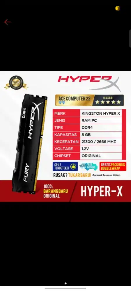 RAM KINGSTON HYPER X GAMING DDR4 8GB LONGDIMM PC 21300 / 2666MHZ