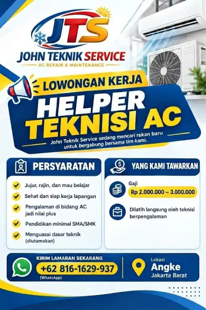 Buka lowongan helper teknisi AC