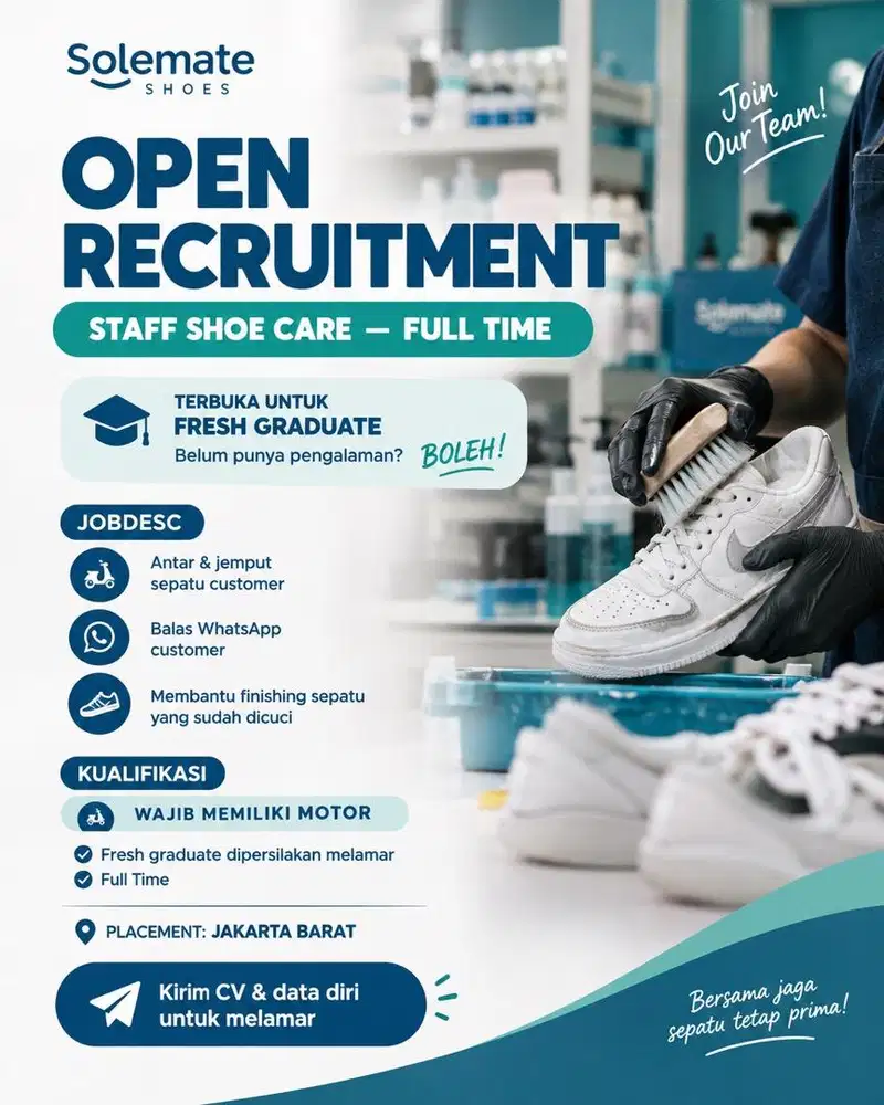 dicari staff shoe care untuk fresh graduate juga bisa