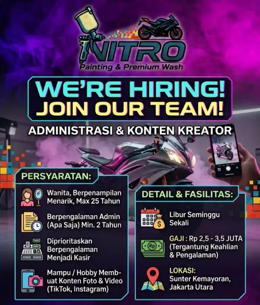 Dicari Admin / Kasir untuk Bengkel Cat Motor Premium di Sunter KMYRN