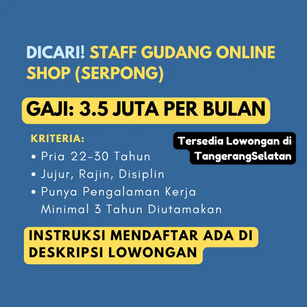 DICARI STAFF UNTUK GUDANG ONLINE SHOP RAJIN, DISIPLIN, DAN TELITI
