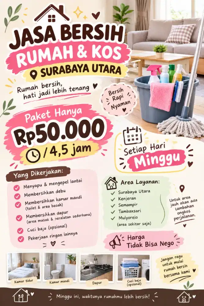 Jasa bersih-bersih kos/ rumah setiap hari Minggu