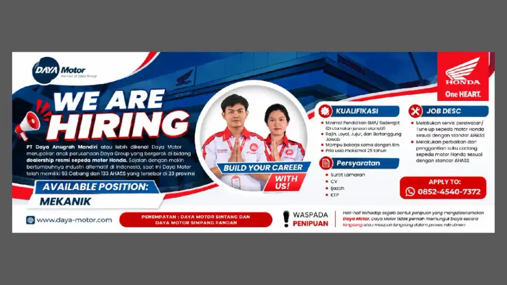 Dicari Mekanik AHASS Honda