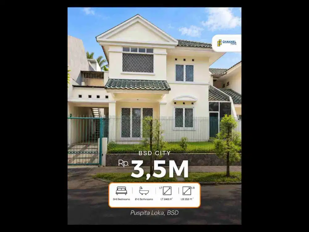 Jual Rumah 2 Lantai Dekat Taman Kota BSD Puspita Loka, An