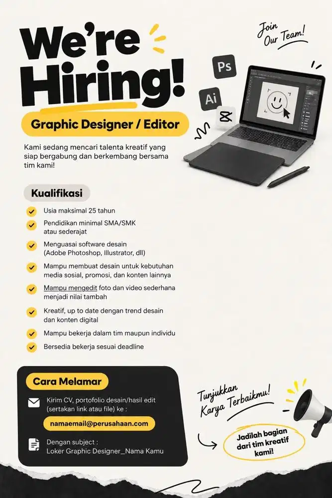 Dicari editor designer produkdan creative untuk marketplace