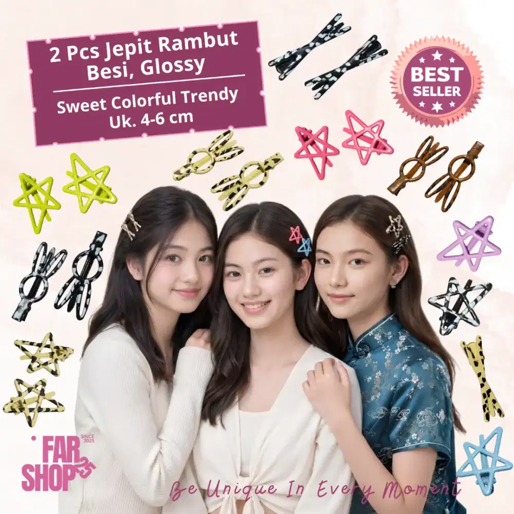 2 Pcs Jepit Rambut Besi Anak Remaja Kelinci Bintang Silang Glossy