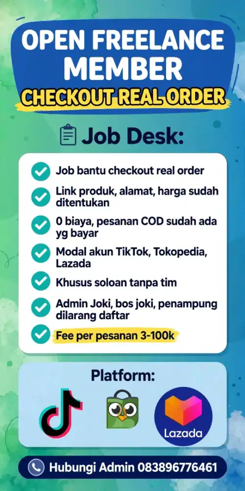 Freelance job kerja dr HP 0 biaya modal tiktok Tokopedia dan lazada
