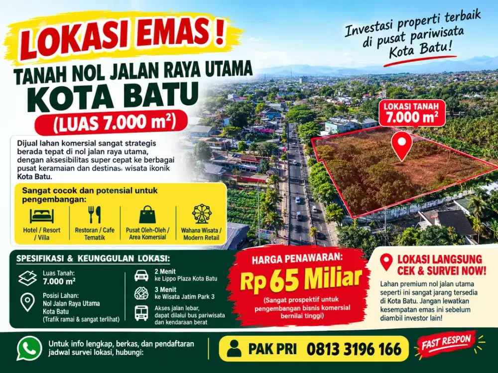 Dijual Tanah Premium 7.000 m² Nol Jalan Raya Kota Batu – Akses Bus Pariwisata