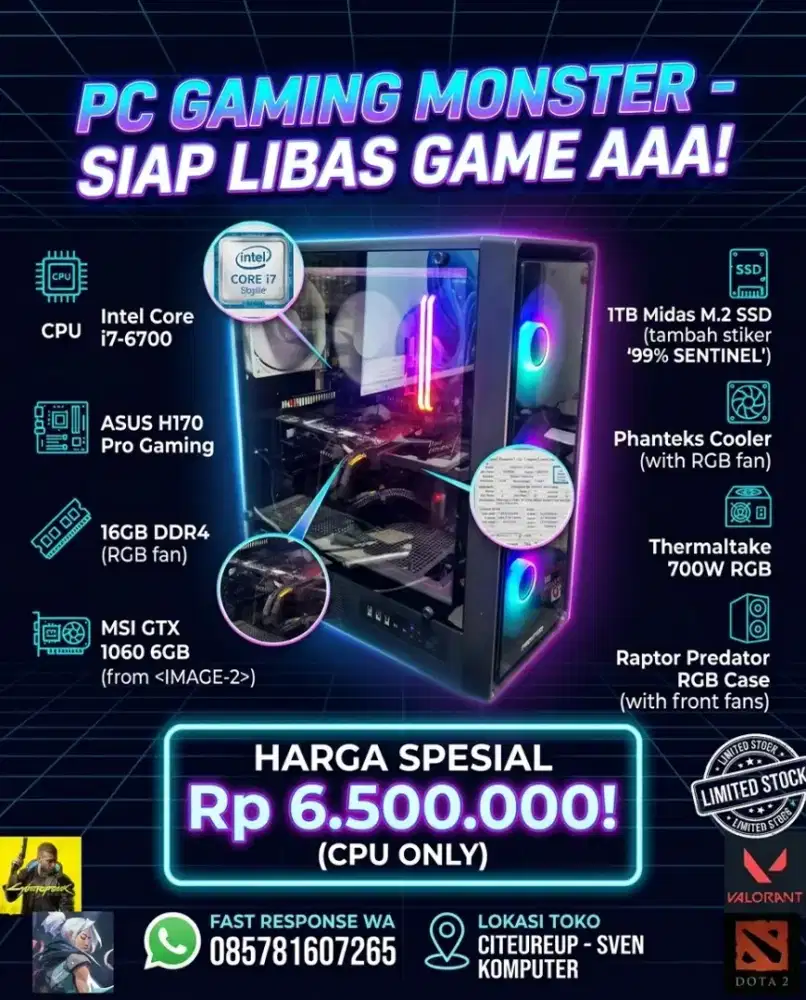 Cpu gaming libas game AAA core i7 6700 ram 16gb ssd 1tb vga GTX 1060
