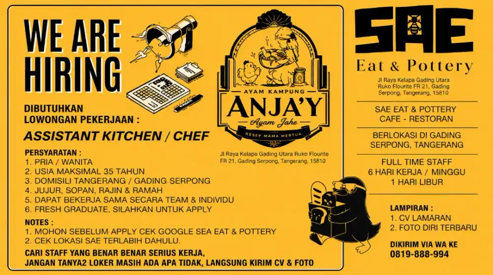 Lowongan Perkerjaan resto & cafe dibutuhkan bagian dapur / kitchen